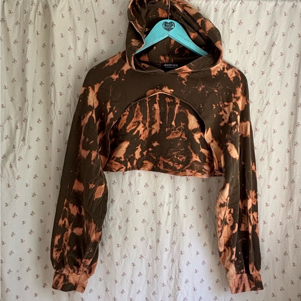 Fashion Nova Orange and Brown Tie Dyed Extreme Cropped Hoodie - Women Tops